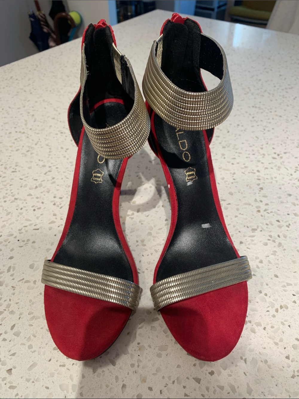 Aldo Red Suede Heels with Metal Ribbed Straps